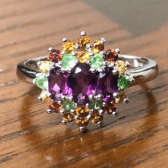 Sterling Silver Amethyst, Garnet, Peridot, Citrine Vintage Gemstone Ring Sz 10 - Picture 3 of 17